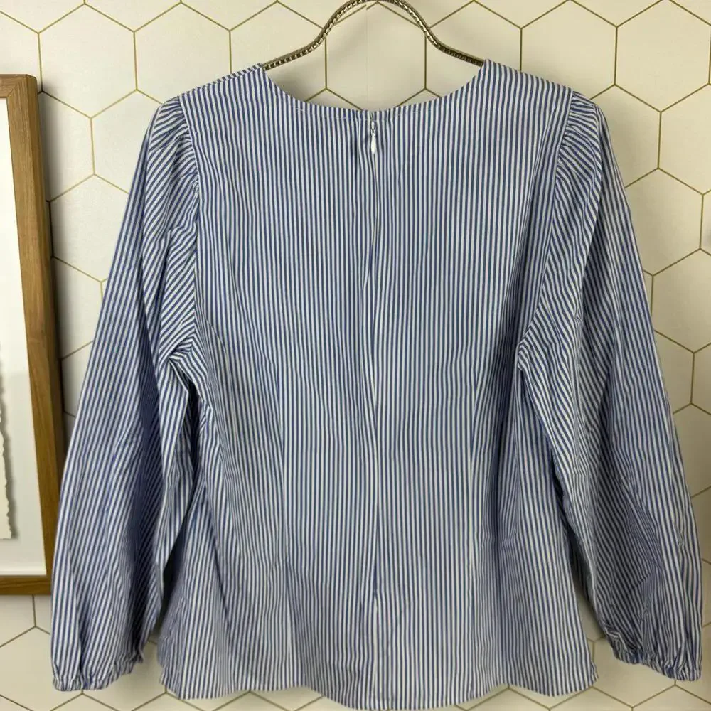 J. Crew Blue and White Puffed Sleeve Poplin Blue Striped Blouse - Size - 10